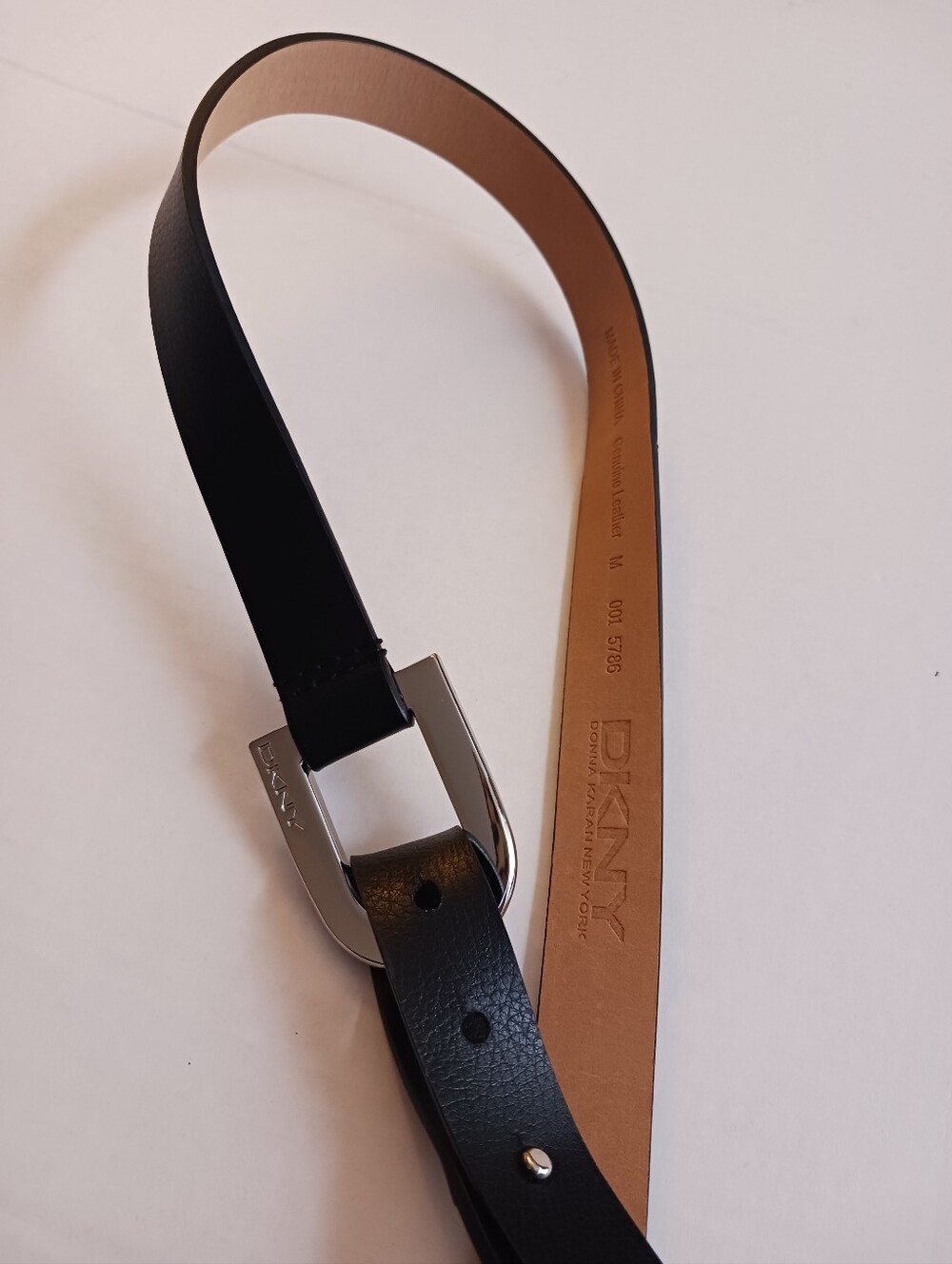 DKNY Modernist Silver + Leather Belt Black Size M Loop & Peg Clasp Very Good